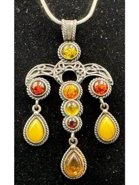 Vintage Sterling Silver Baltic Amber Pendant Chandelier Drop Multi Color 2.5"